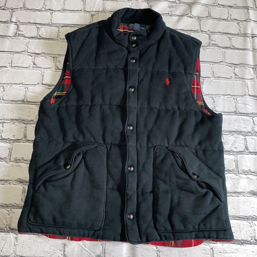 Vintage Polo Ralph Lauren Black Vest Quilted Plaid Lining Men L  Snap Botton